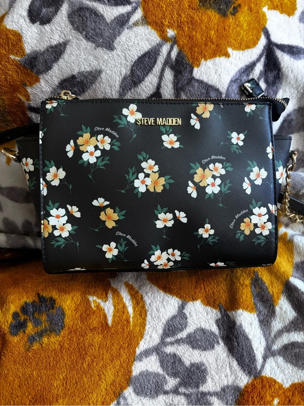 Steve Madden Black Floral Crossbody Bag with Gold Logo